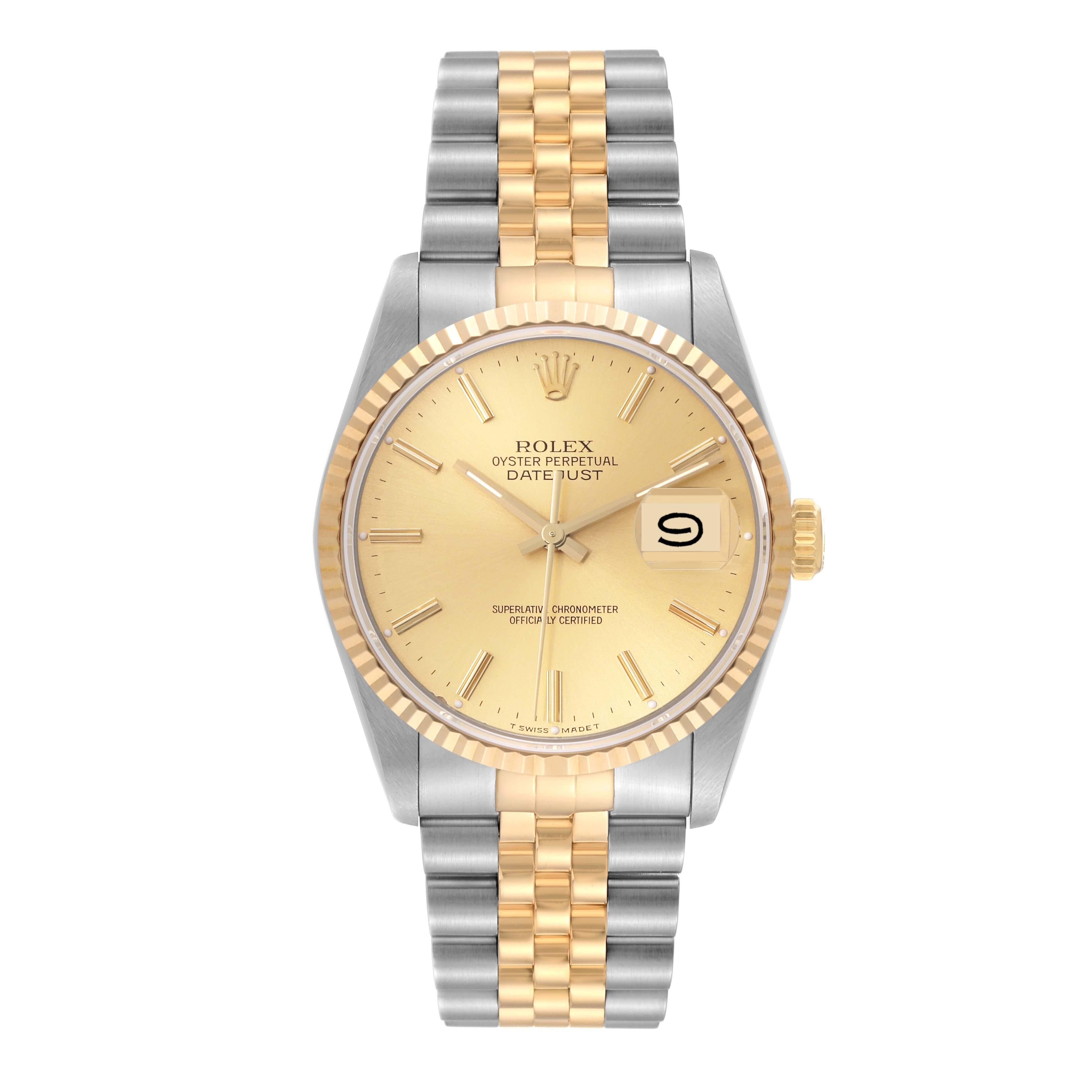 Rolex Datejust 36 Steel Yellow Gold Champagne Dial Mens Watch 16233 Box Papers In Good Condition For Sale In Atlanta, GA