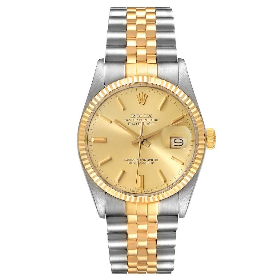 Rolex Datejust 36 Steel Yellow Gold Champagne Dial Vintage Mens Watch 16013. Officially certified chronometer self-winding movement. Stainless steel and 18K yellow gold oyster case 36.0 mm in diameter. Rolex logo on a crown. 18k yellow gold fluted