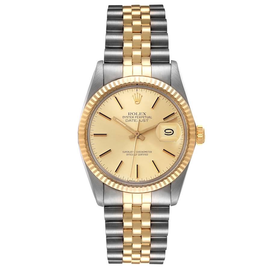 Rolex Datejust 36 Steel Yellow Gold Champagne Dial Vintage Mens Watch 16013. Officially certified chronometer automatic self-winding movement. Stainless steel and 18K yellow gold oyster case 36.0 mm in diameter. Rolex logo on an 18k yellow gold