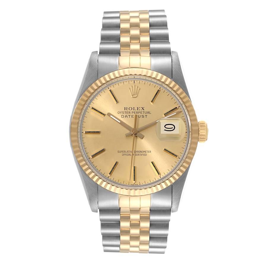 Rolex Datejust 36 Steel Yellow Gold Champagne Dial Vintage Mens Watch 16013. Officially certified chronometer automatic self-winding movement. Stainless steel and 18K yellow gold oyster case 36.0 mm in diameter. Rolex logo on an 18k yellow gold