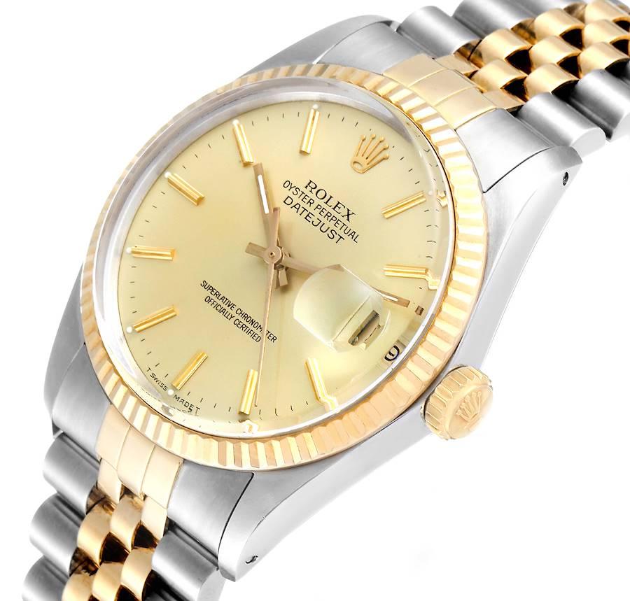 Rolex Datejust 36 Steel Yellow Gold Champagne Dial Vintage Mens Watch 16013 In Excellent Condition For Sale In Atlanta, GA