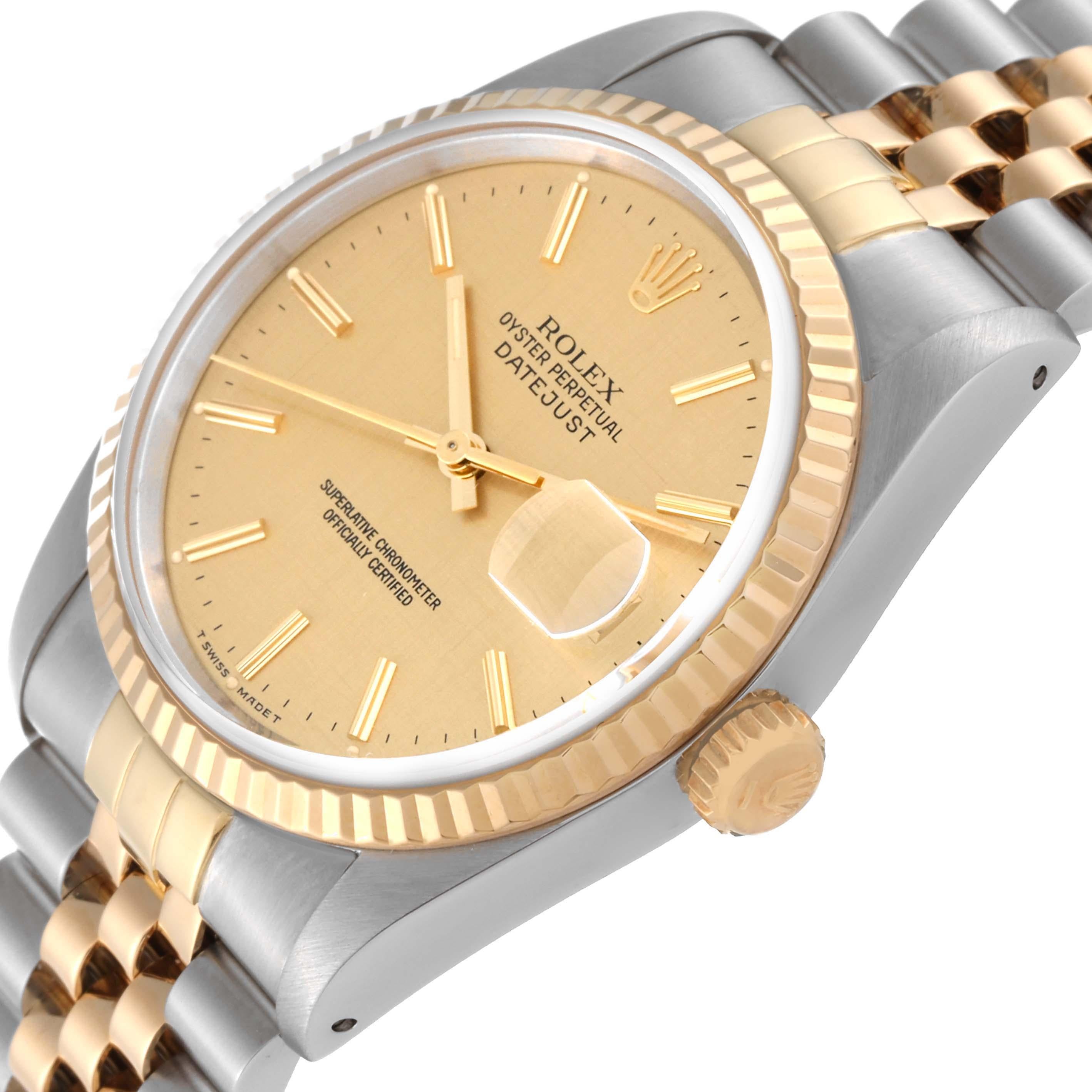 Rolex Datejust 36 Steel Yellow Gold Champagne Linen Dial Mens Watch 16233 For Sale 2