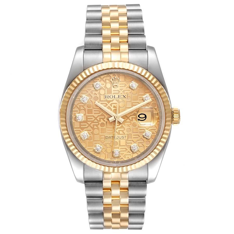 Rolex Datejust 36 Steel Yellow Gold Diamond Dial Mens Watch 116233. Officially certified chronometer automatic self-winding movement. Stainless steel case 36.0 mm in diameter. Rolex logo on a crown. 18k yellow gold fluted bezel. Scratch resistant