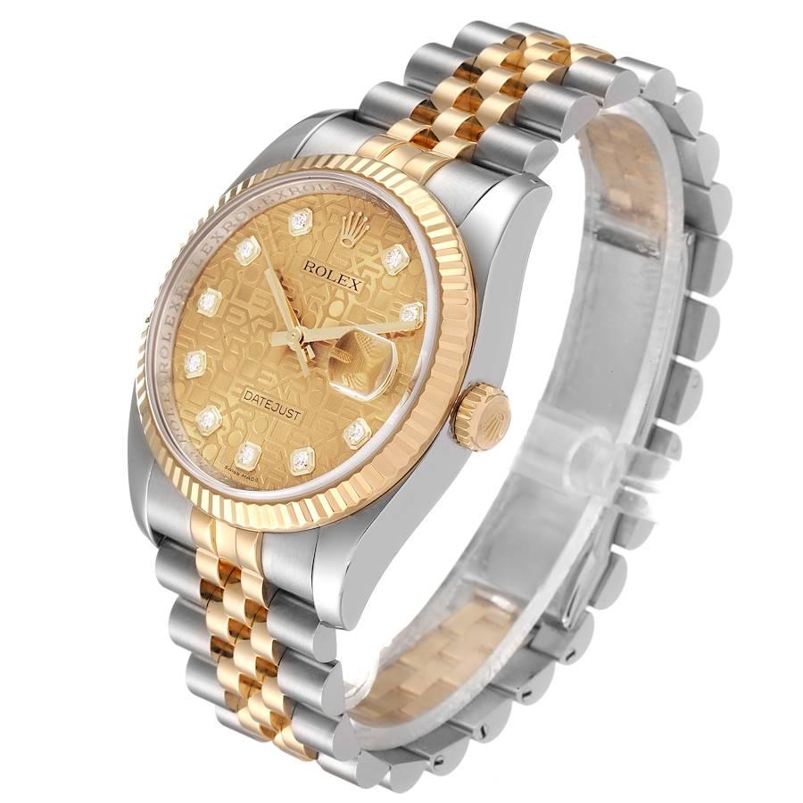 Rolex Datejust 36 Steel Yellow Gold Diamond Dial Mens Watch 116233 In Excellent Condition For Sale In Atlanta, GA
