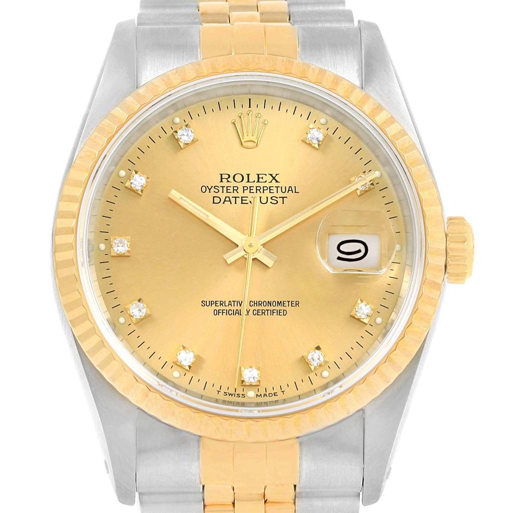 Rolex Datejust 36 Steel Yellow Gold Diamond Dial Men's Watch 16233 Box Papers In Good Condition In Atlanta, GA