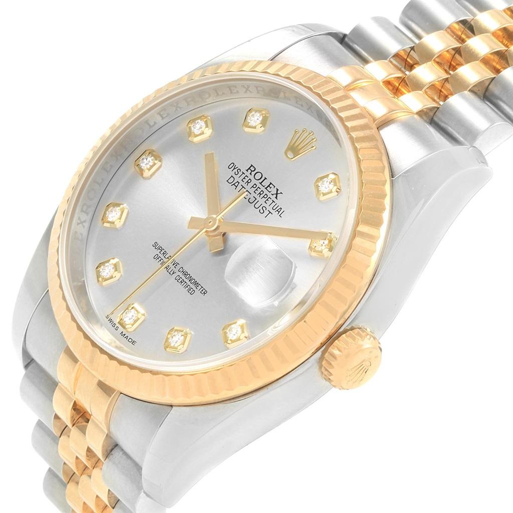 Rolex Datejust 36 Steel Yellow Gold Diamond Mens Watch 116233 Box Card. Officially certified chronometer automatic self-winding movement. Stainless steel case 36.0 mm in diameter. High polished lugs. Rolex logo on a crown. 18k yellow gold fluted