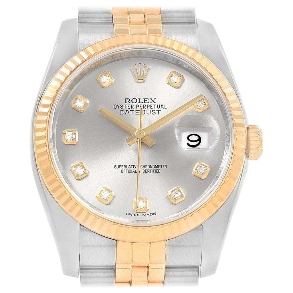 Rolex Datejust 36 Steel Yellow Gold Diamond Men's Watch 116233 Box Card For Sale