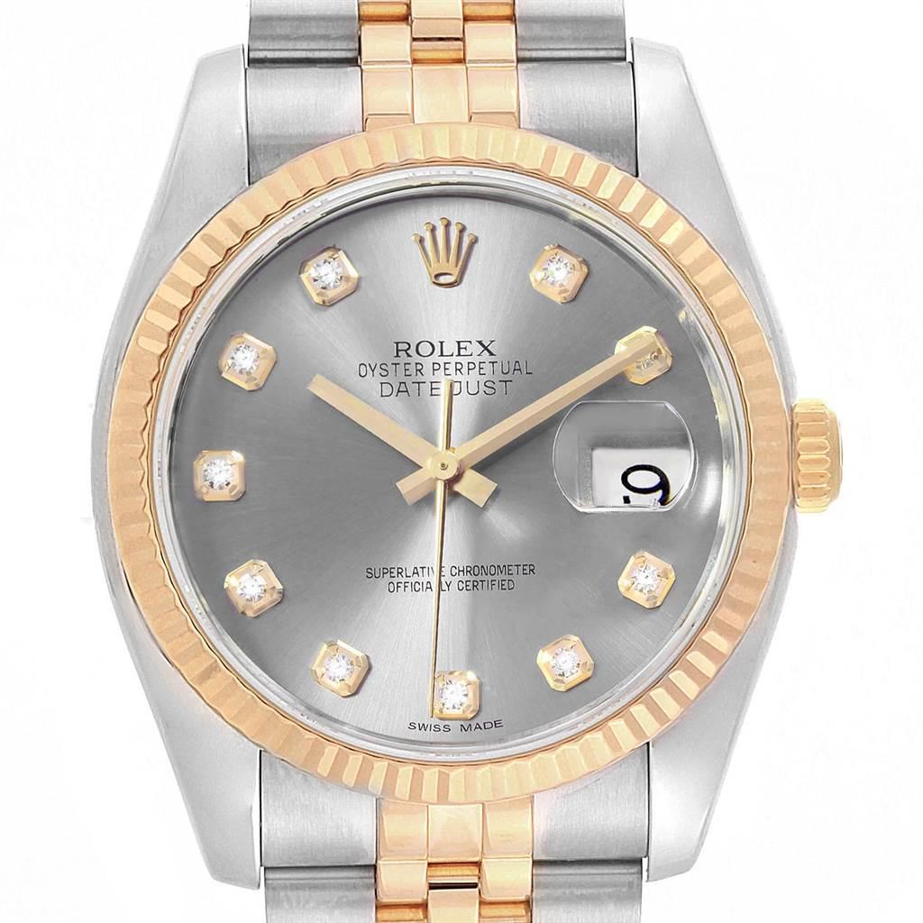 Rolex Datejust 36 Steel Yellow Gold Diamond Mens Watch 116233 Box. Officially certified chronometer automatic self-winding movement. Stainless steel case 36.0 mm in diameter. High polished lugs. Rolex logo on a crown. 18k yellow gold fluted bezel.
