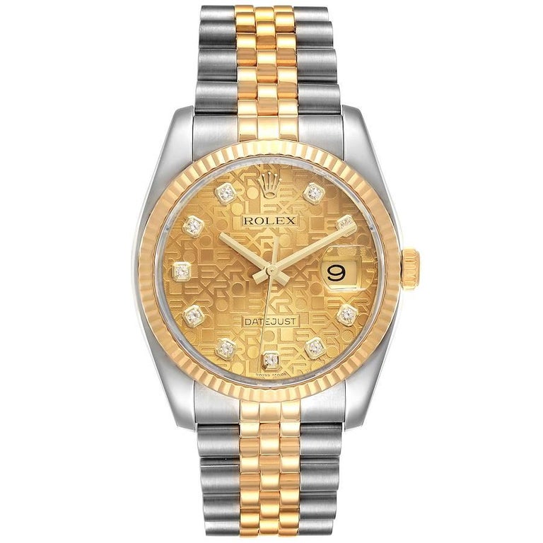 Rolex Datejust 36 Steel Yellow Gold Diamond Mens Watch 116233. Officially certified chronometer automatic self-winding movement. Stainless steel case 36.0 mm in diameter. Rolex logo on a crown. 18k yellow gold fluted bezel. Scratch resistant