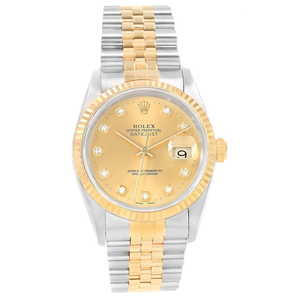 Rolex Datejust 36 Steel Yellow Gold Diamond Mens Watch 16233 Box Papers. Officially certified chronometer automatic self-winding movement. Stainless steel case 36 mm in diameter. Rolex logo on a 18K yellow gold crown. 18k yellow gold fluted bezel.