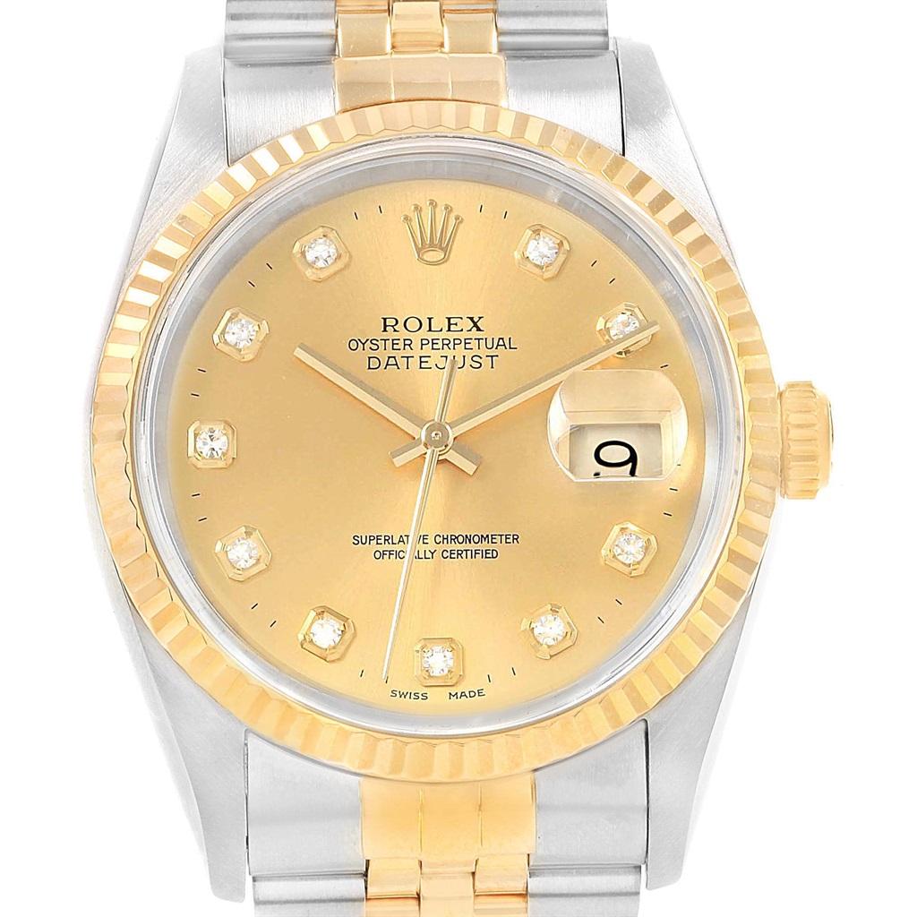 Rolex Datejust 36 Steel Yellow Gold Diamond Men’s Watch 16233 Box Papers For Sale