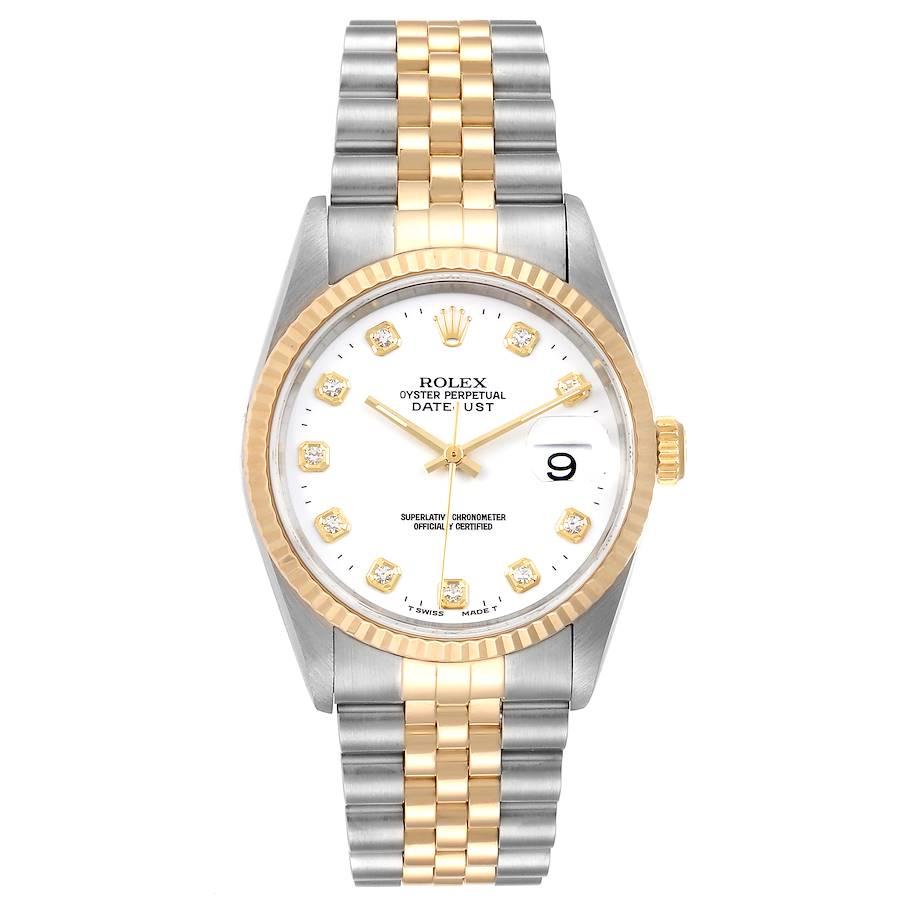 Rolex Datejust 36 Steel Yellow Gold Diamond Mens Watch 16233. Officially certified chronometer self-winding movement. Stainless steel case 36 mm in diameter. Rolex logo on a 18K yellow gold crown. 18k yellow gold fluted bezel. Scratch resistant