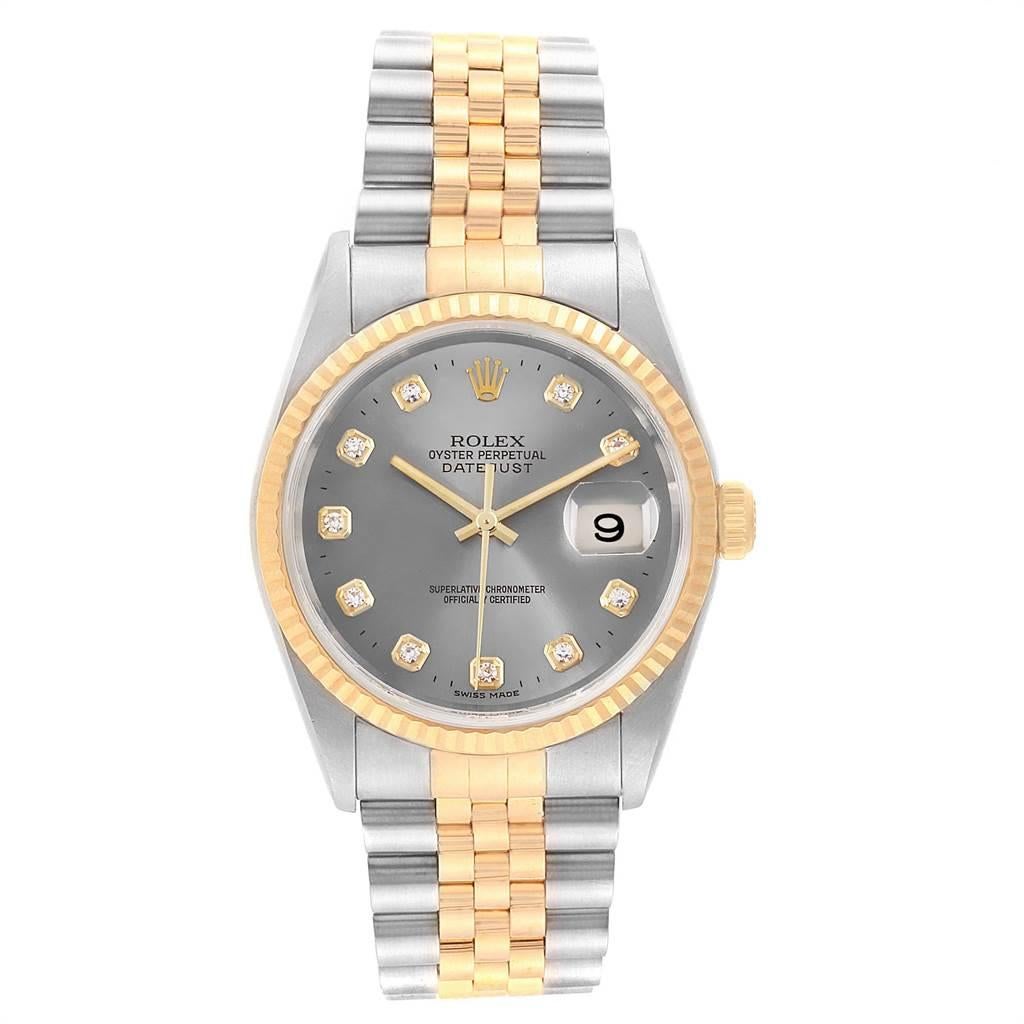 Rolex Datejust 36 Steel Yellow Gold Diamond Mens Watch 16233. Officially certified chronometer self-winding movement. Stainless steel case 36 mm in diameter.Rolex logo on a 18K yellow gold crown. 18k yellow gold fluted bezel. Scratch resistant