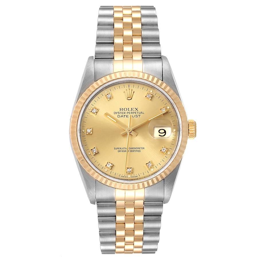 Rolex Datejust 36 Steel Yellow Gold Diamond Mens Watch 16233. Officially certified chronometer automatic self-winding movement. Stainless steel case 36.0 mm in diameter. Rolex logo on a crown. 18k yellow gold fluted bezel. Scratch resistant sapphire