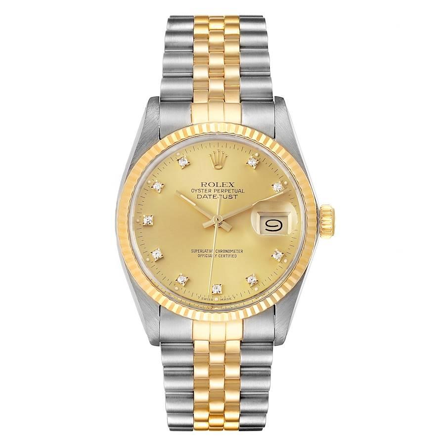 Rolex Datejust 36 Steel Yellow Gold Diamond Vintage Mens Watch 16013 Box. Officially certified chronometer self-winding movement. Stainless steel oyster case 36.0 mm in diameter. Rolex logo on a crown. 18k yellow gold fluted bezel. Acrylic crystal