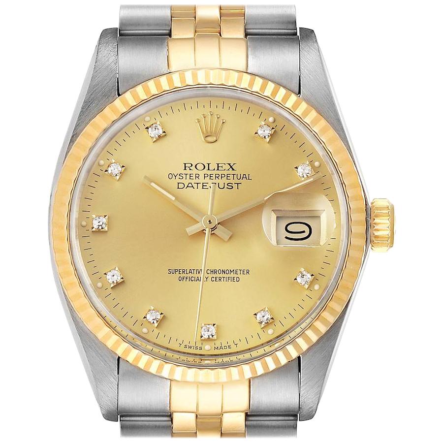 Rolex Datejust 36 Steel Yellow Gold Diamond Vintage Men's Watch 16013 Box For Sale