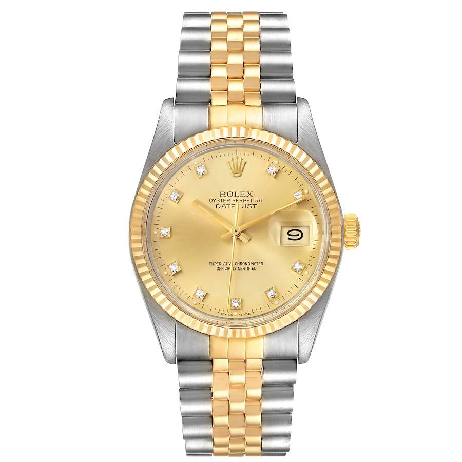 Rolex Datejust 36 Steel Yellow Gold Diamond Vintage Mens Watch 16013. Officially certified chronometer self-winding movement. Stainless steel oyster case 36.0 mm in diameter. Rolex logo on a crown. 18k yellow gold fluted bezel. Acrylic crystal with