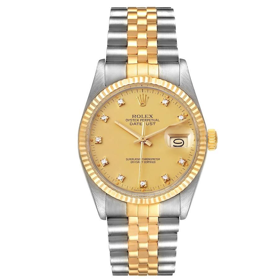 Rolex Datejust 36 Steel Yellow Gold Diamond Vintage Mens Watch 16013. Officially certified chronometer self-winding movement. Stainless steel oyster case 36.0 mm in diameter. Rolex logo on a crown. 18k yellow gold fluted bezel. Acrylic crystal with