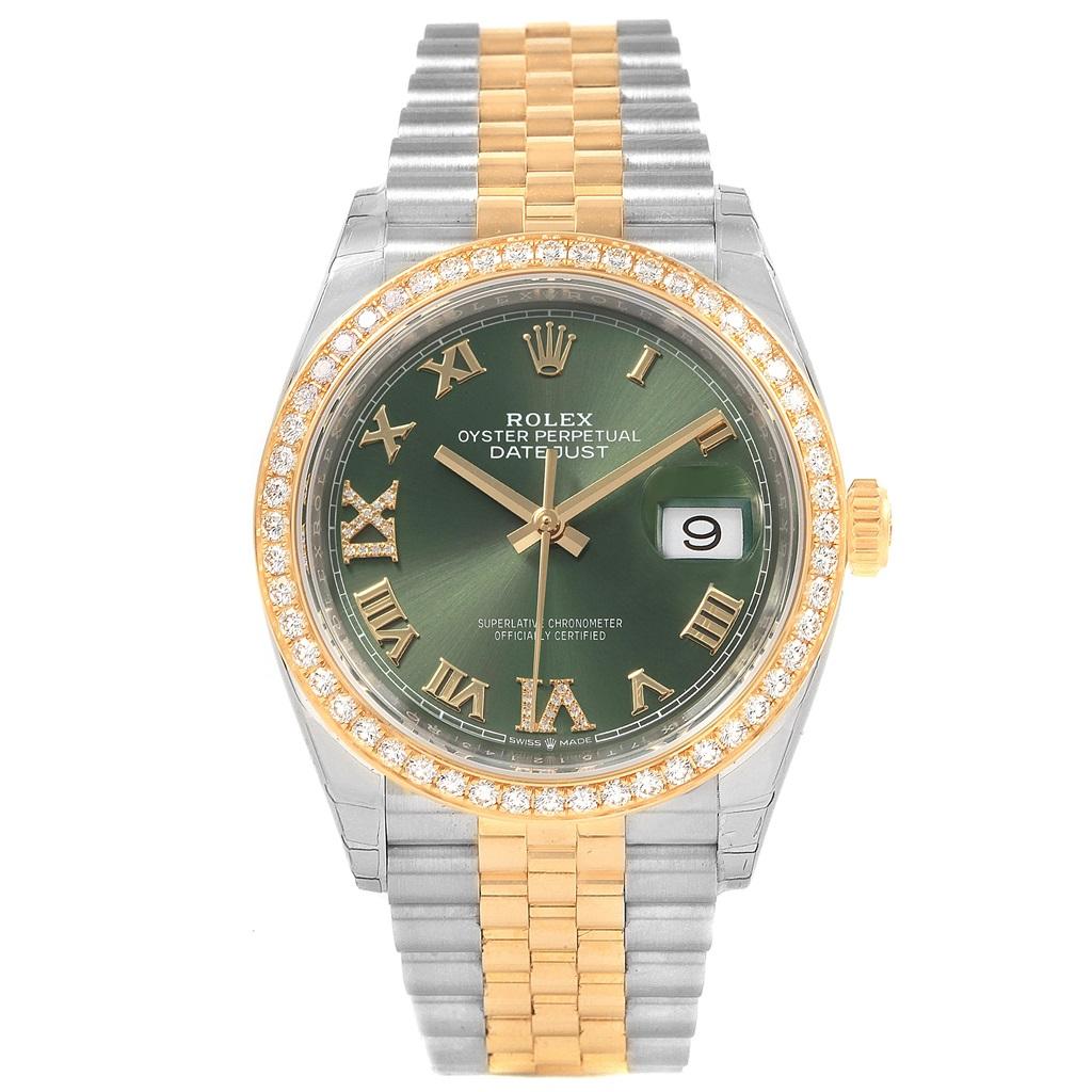 Rolex Datejust 36 Steel Yellow Gold Green Diamond Watch 126283 Unworn. Officially certified chronometer self-winding movement with quickset date function. Stainless steel and 18K yellow gold oyster case 36.0 mm in diameter. Rolex logo on 18K yellow