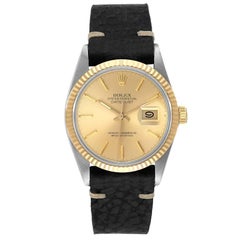 Rolex Datejust 36 Steel Yellow Gold Leather Strap Vintage Mens Watch 16013