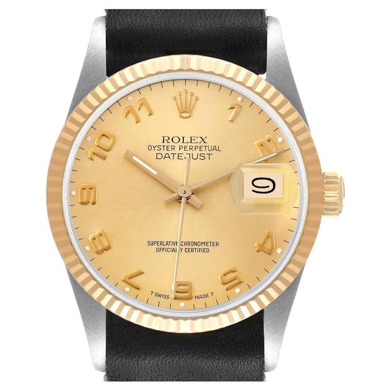 Rolex Datejust 36 Steel Yellow Gold Leather Strap Vintage Mens Watch