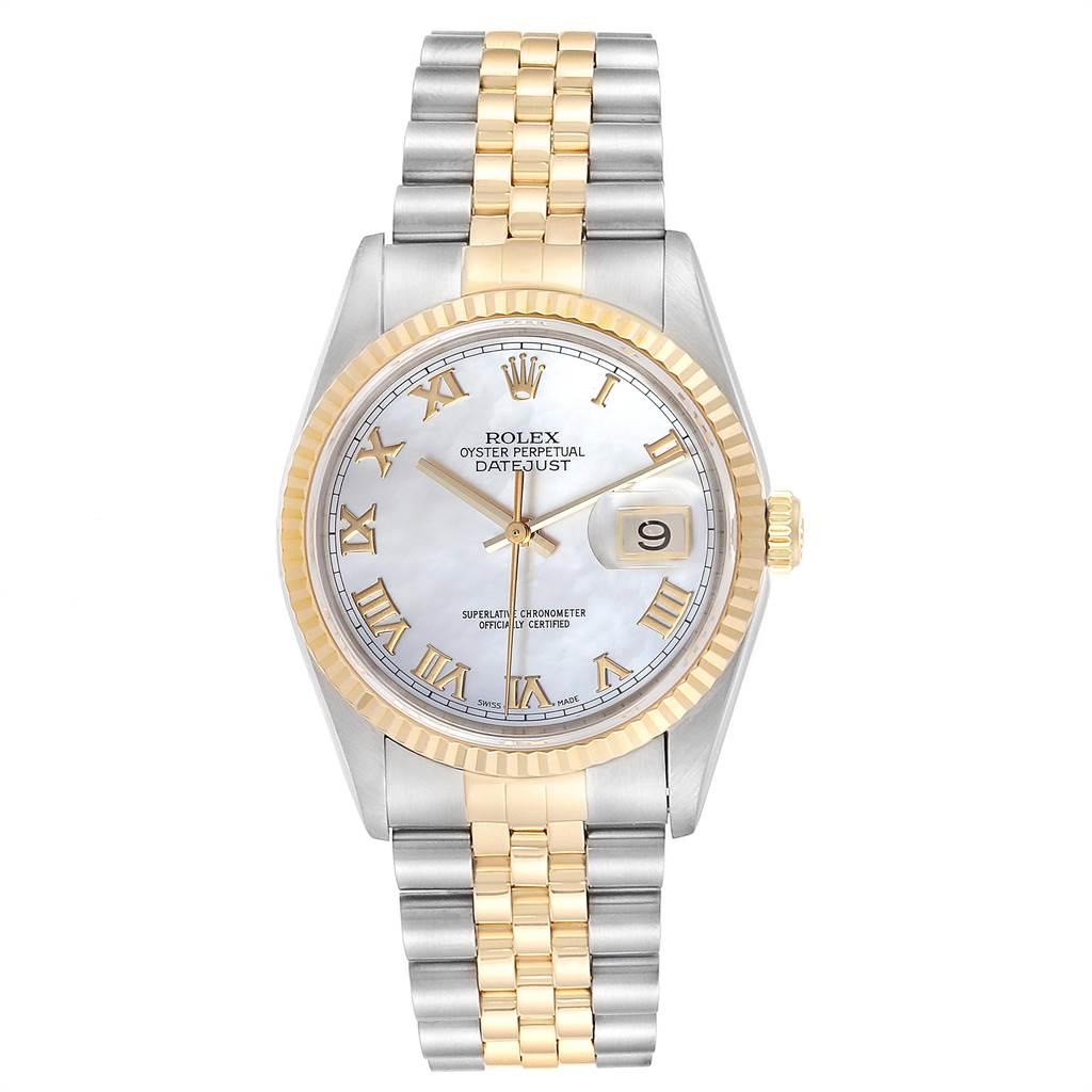 Rolex Datejust 36 Steel Yellow Gold MOP Roman Dial Mens Watch 16233. Officially certified chronometer self-winding movement. Stainless steel case 36.0 mm in diameter.Rolex logo on a 18K yellow gold crown. 18k yellow gold fluted bezel. Scratch