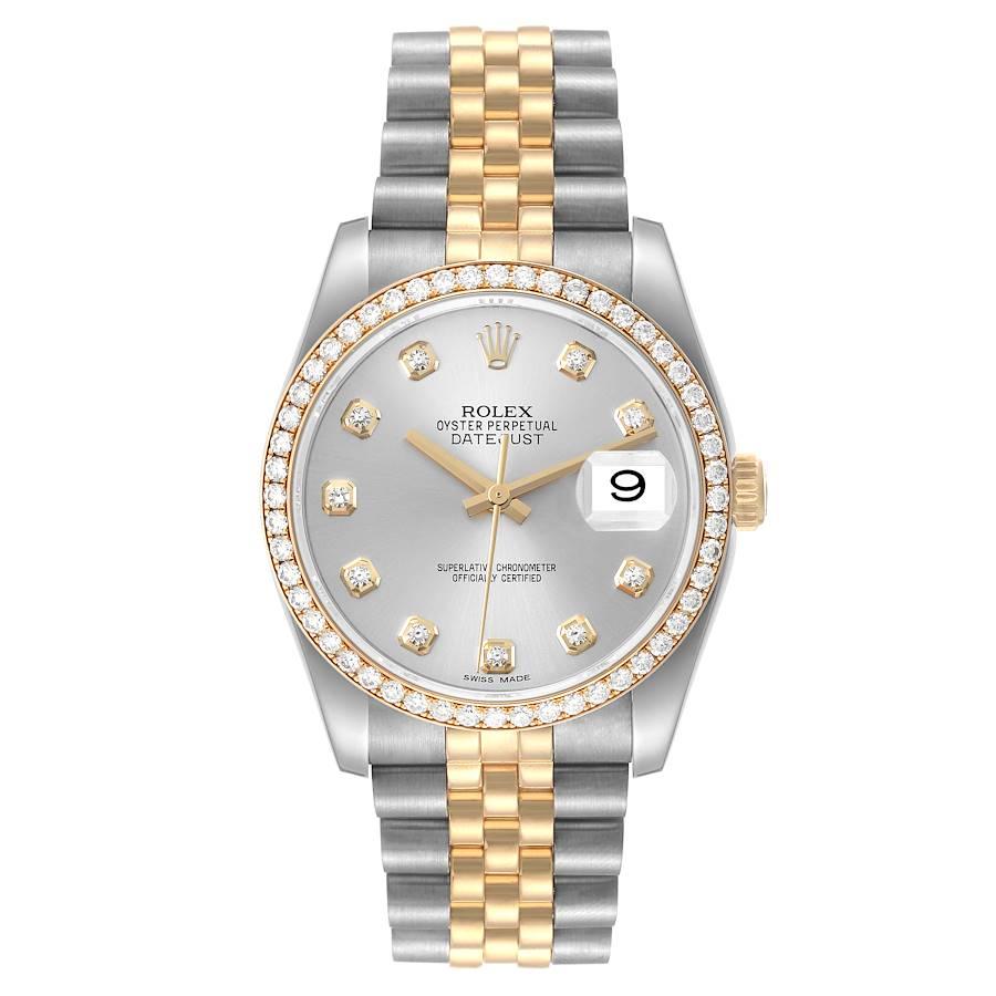 Rolex Datejust 36 Steel Yellow Gold Silver Dial Diamond Bezel Mens Watch 116243. Officially certified chronometer automatic self-winding movement. Stainless steel case 36.0 mm in diameter.  Rolex logo on the crown. 18k yellow bezel set with original
