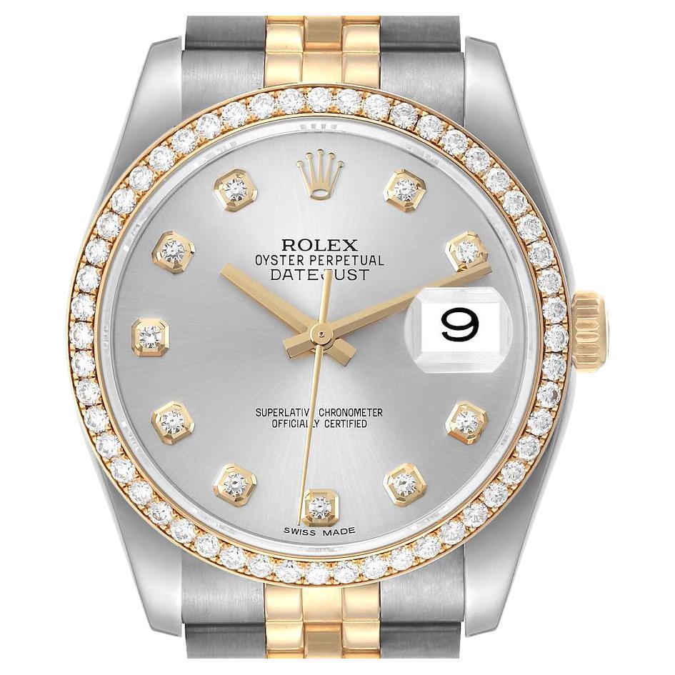 Rolex Datejust 36 Steel Yellow Gold Silver Dial Diamond Bezel Mens Watch 116243