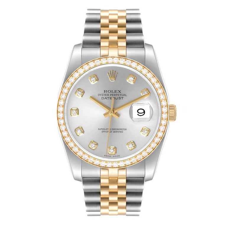 Rolex Datejust 36 Steel Yellow Gold Silver Dial Diamond Mens Watch 116243. Officially certified chronometer self-winding movement. Stainless steel case 36.0 mm in diameter.  Rolex logo on a crown. Original Rolex factory 18k yellow gold diamond