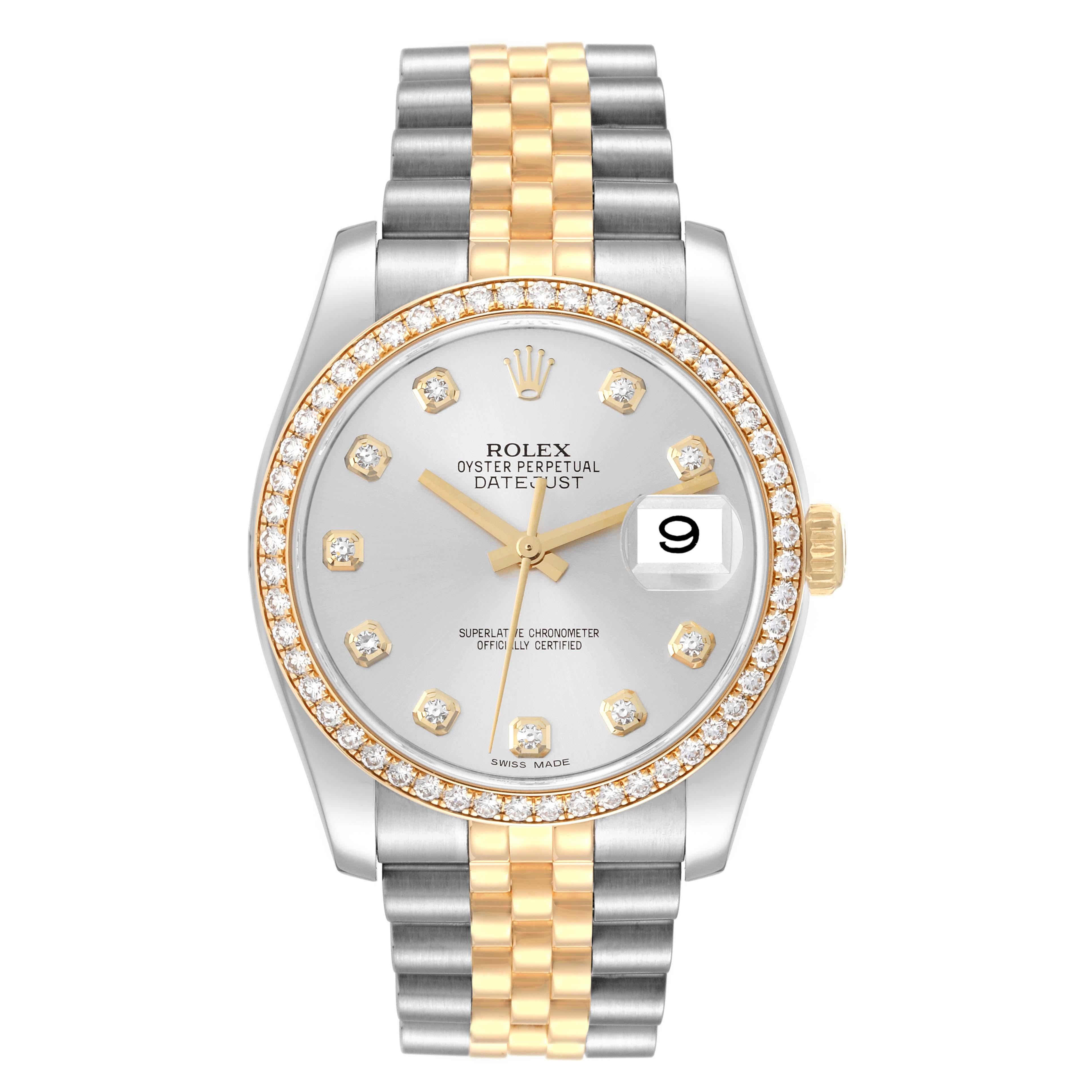 Rolex Datejust 36 Steel Yellow Gold Silver Dial Diamond Mens Watch 116243. Officially certified chronometer automatic self-winding movement. Stainless steel case 36.0 mm in diameter.  Rolex logo on the crown. 18k yellow gold bezel set with original