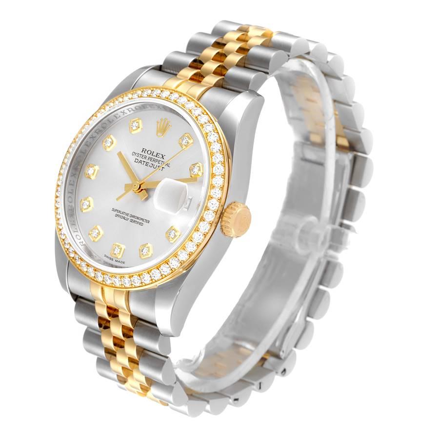 Rolex Datejust 36 Steel Yellow Gold Silver Dial Diamond Mens Watch 116243 In Excellent Condition For Sale In Atlanta, GA