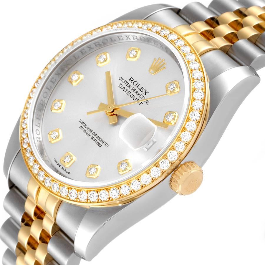 Men's Rolex Datejust 36 Steel Yellow Gold Silver Dial Diamond Mens Watch 116243 For Sale