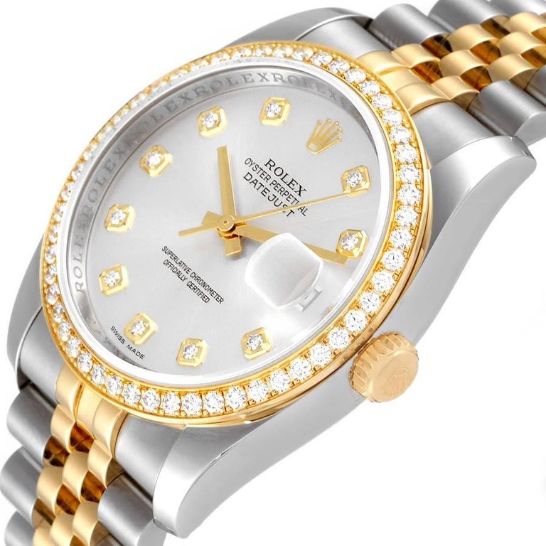 Rolex Datejust 36 Steel Yellow Gold Silver Dial Diamond Mens Watch 116243 1