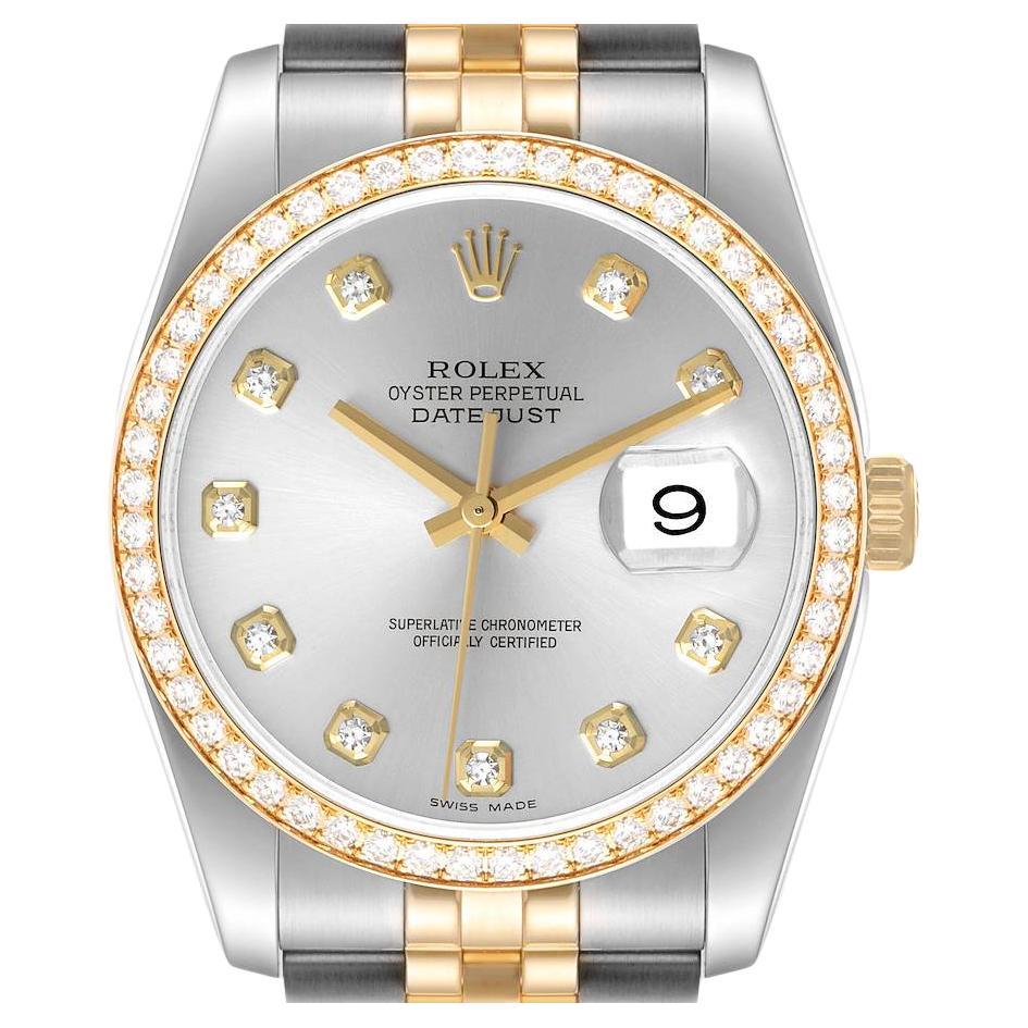 Rolex Datejust 36 Steel Yellow Gold Silver Dial Diamond Mens Watch 116243 For Sale