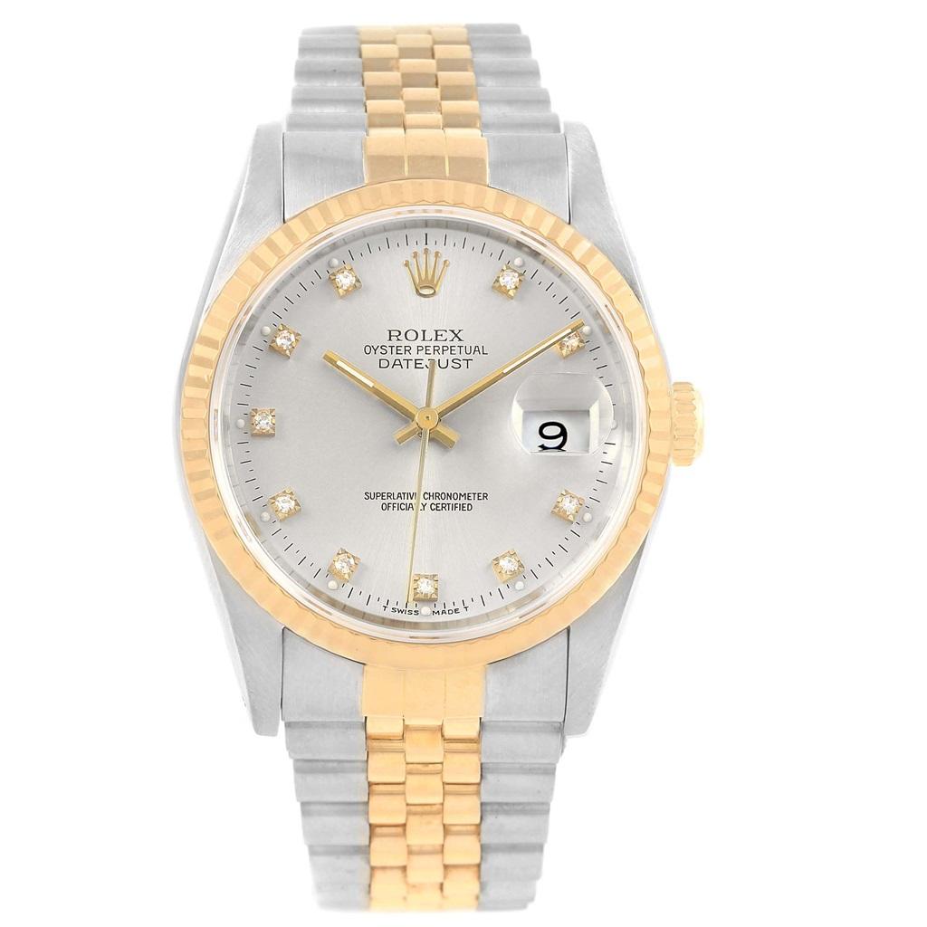 Rolex Datejust 36 Steel Yellow Gold Silver Diamond Dial Mens Watch 16233. Officially certified chronometer self-winding movement with quickset date function. Stainless steel case 36 mm in diameter. Rolex logo on a 18K yellow gold crown. 18k yellow