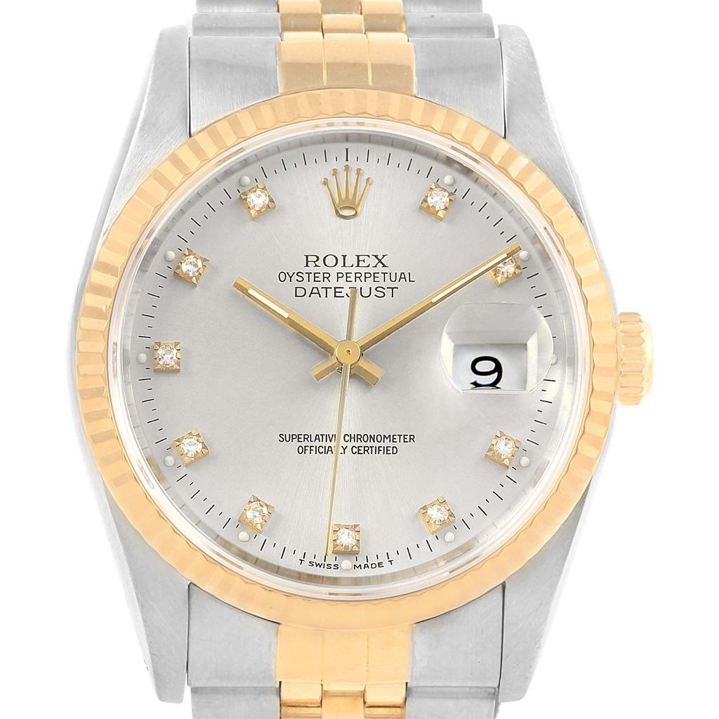 Rolex Datejust 36 Steel Yellow Gold Silver Diamond Dial Men's Watch 16233 In Excellent Condition For Sale In Atlanta, GA