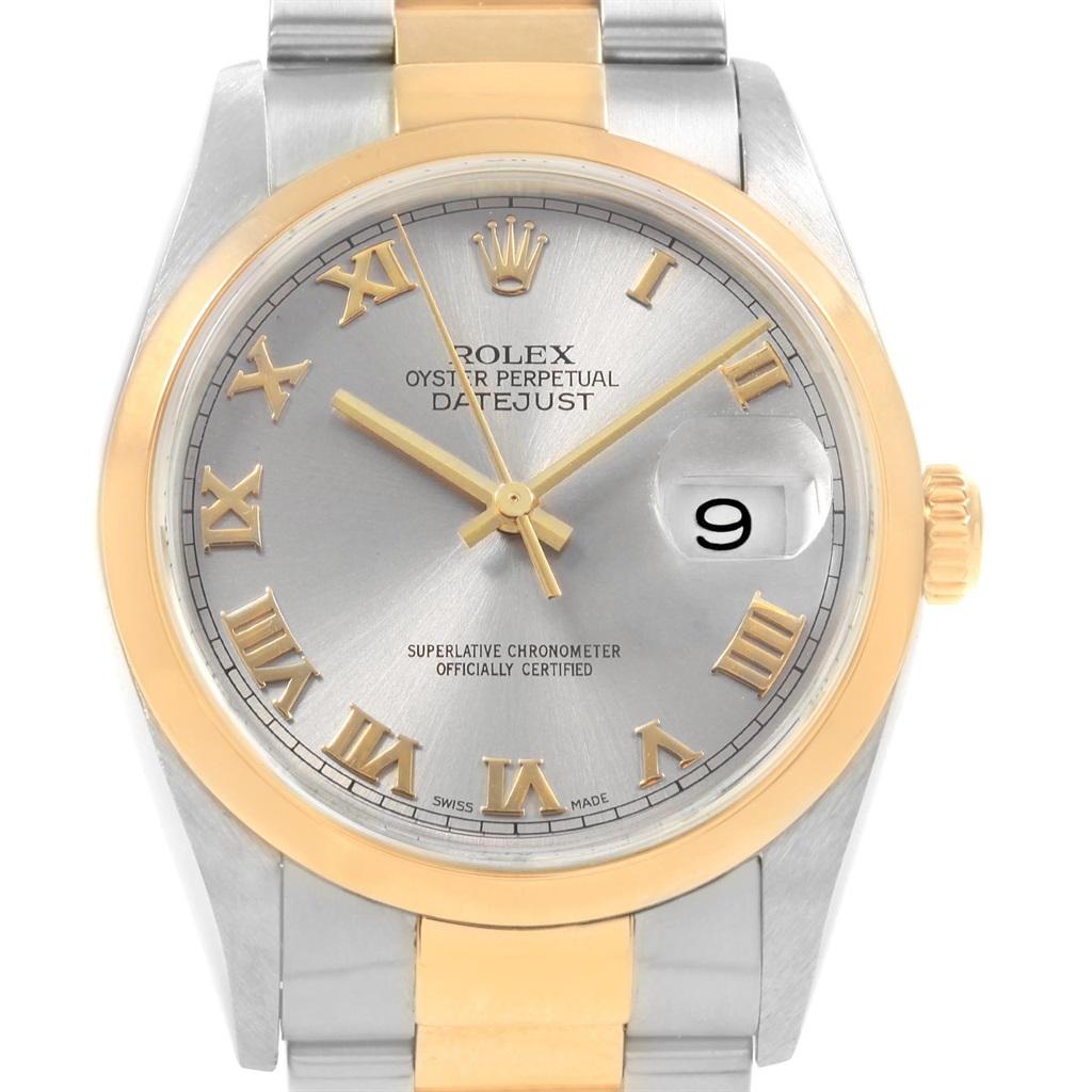 Rolex Datejust 36 Steel Yellow Gold Slate Roman Dial Mens Watch 16203. Officially certified chronometer self-winding movement. Stainless steel case 36 mm in diameter. Rolex logo on a 18K yellow gold crown. 18k yellow gold smooth domed bezel. Scratch