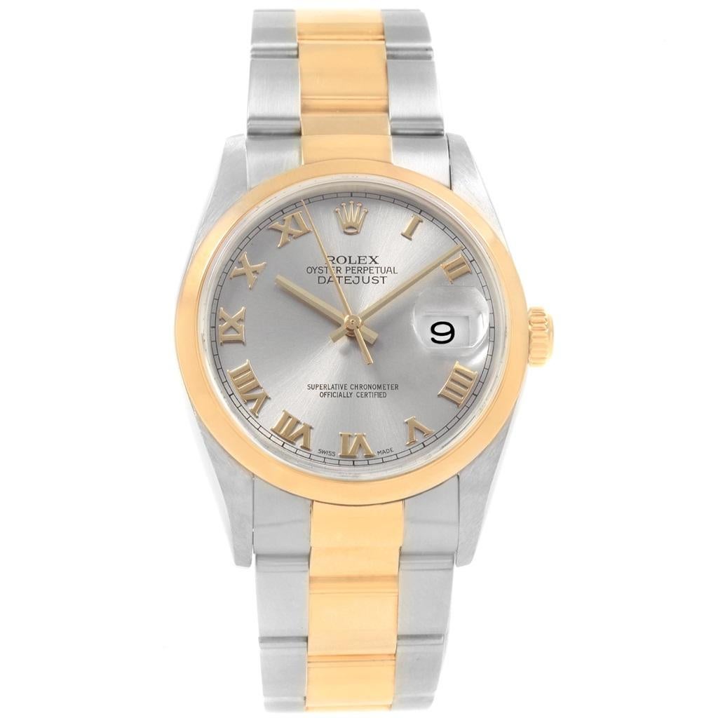 Rolex Datejust 36 Steel Yellow Gold Slate Roman Dial Men's Watch 16203 In Excellent Condition For Sale In Atlanta, GA