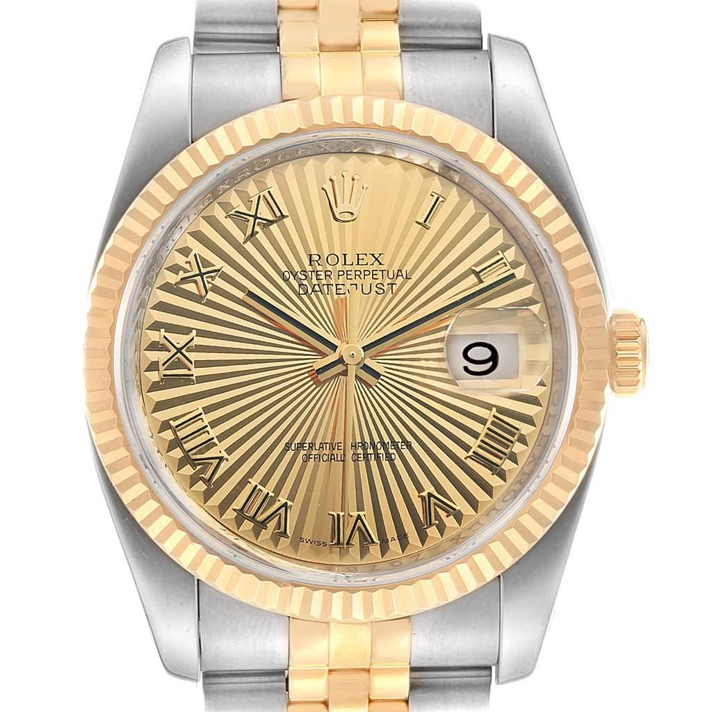 Rolex Datejust 36 Steel Yellow Gold Sunbeam Dial Mens Watch 116233. Officially certified chronometer self-winding movement with quickset date. Stainless steel case 36 mm in diameter. Rolex logo on a crown. 18k yellow gold fluted bezel. Scratch