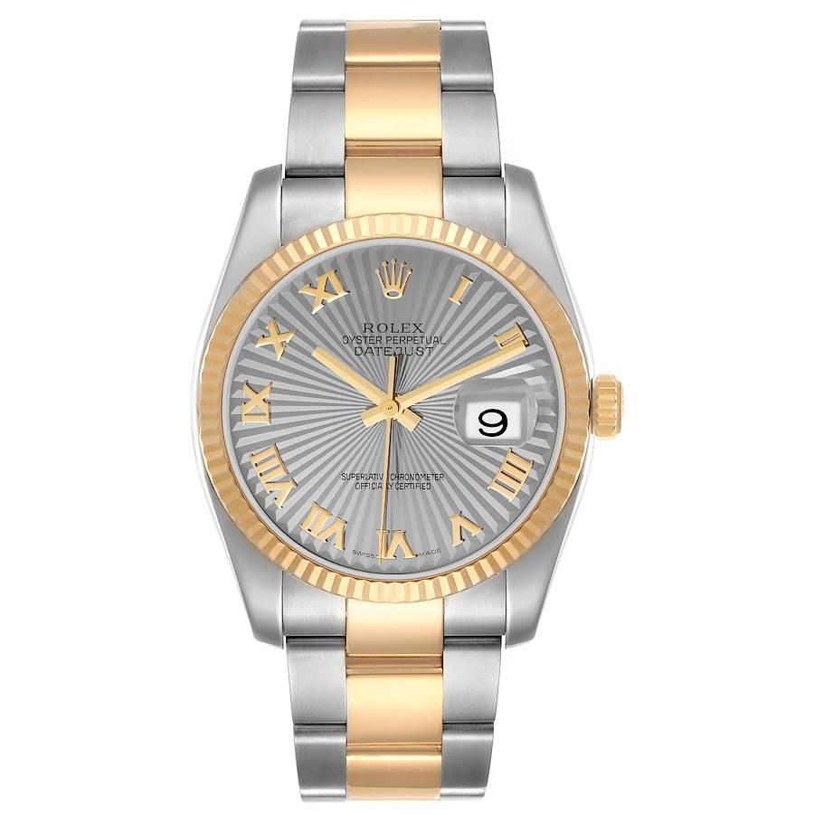 Rolex Datejust 36 Stahl Gelbgold Sonnenstrahl Zifferblatt Herrenuhr 116233. Offiziell zertifiziertes Chronometerwerk mit automatischem Aufzug und Schnellverstellung des Datums. Gehäuse aus rostfreiem Stahl mit einem Durchmesser von 36 mm. Rolex-Logo