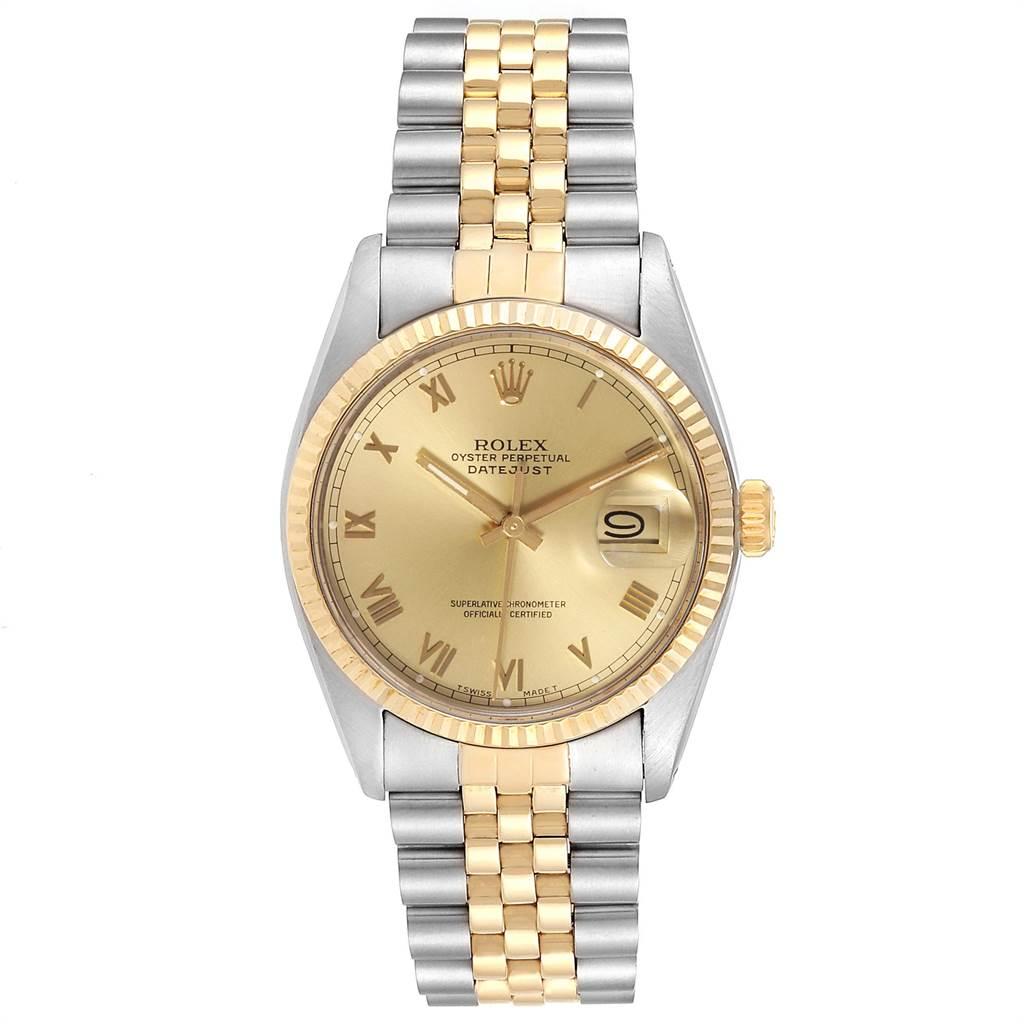 Rolex Datejust 36 Steel Yellow Gold Vintage Mens Watch 16013 Box Papers. Officially certified chronometer self-winding movement. Stainless steel oyster case 36.0 mm in diameter. Rolex logo on a crown. 18k yellow gold fluted bezel. Acrylic crystal