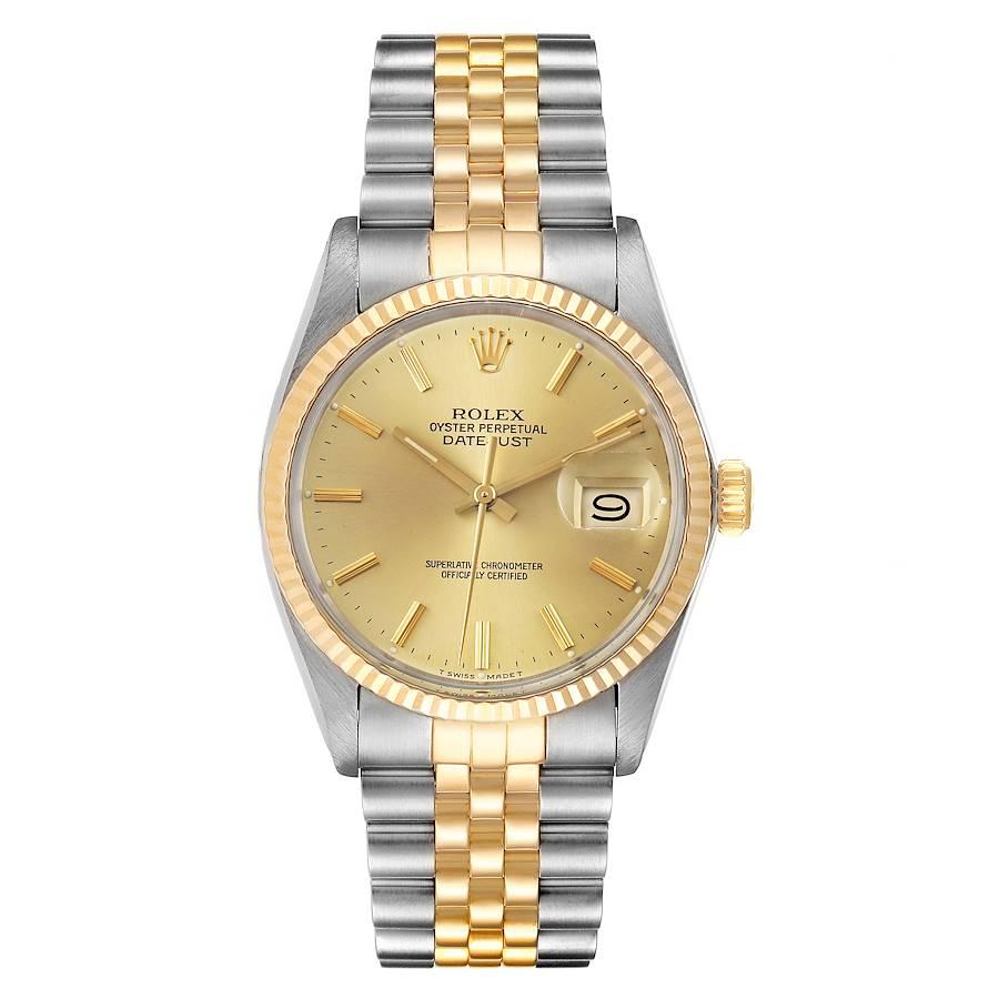 Rolex Datejust 36 Steel Yellow Gold Vintage Mens Watch 16013 Card. Officially certified chronometer self-winding movement. Stainless steel and 18K yellow gold oyster case 36.0 mm in diameter. Rolex logo on a crown. 18k yellow gold fluted bezel.