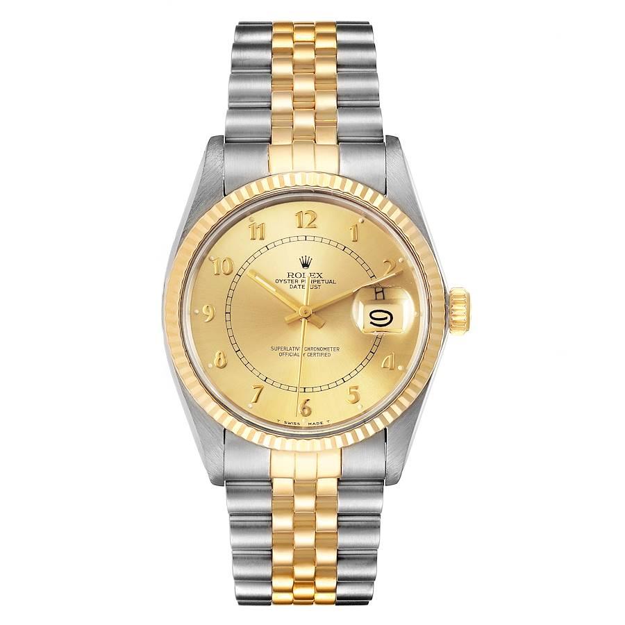 Rolex Datejust 36 Steel Yellow Gold Vintage Mens Watch 16013. Officially certified chronometer self-winding movement. Stainless steel and 18K yellow gold oyster case 36.0 mm in diameter. Rolex logo on a crown. 18k yellow gold fluted bezel. Acrylic