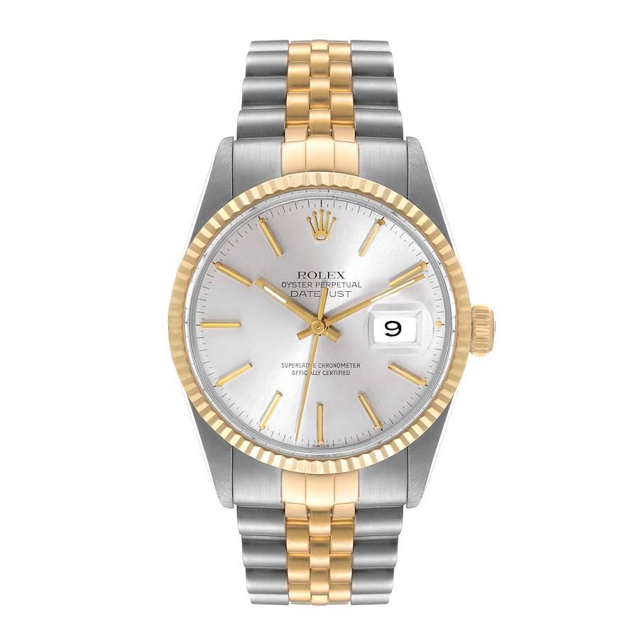 Rolex Datejust 36 Steel Yellow Gold Vintage Mens Watch 16013. Officially certified chronometer self-winding movement. Stainless steel oyster case 36.0 mm in diameter. Rolex logo on a crown. 18k yellow gold fluted bezel. Acrylic crystal with cyclops