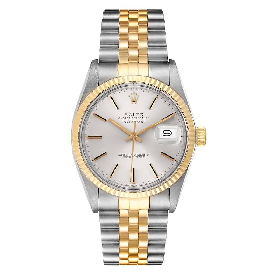Rolex Datejust 36 Steel Yellow Gold Vintage Mens Watch 16013. Officially certified chronometer self-winding movement. Stainless steel oyster case 36.0 mm in diameter. Rolex logo on a yellow gold crown. 18k yellow gold fluted bezel. Acrylic crystal