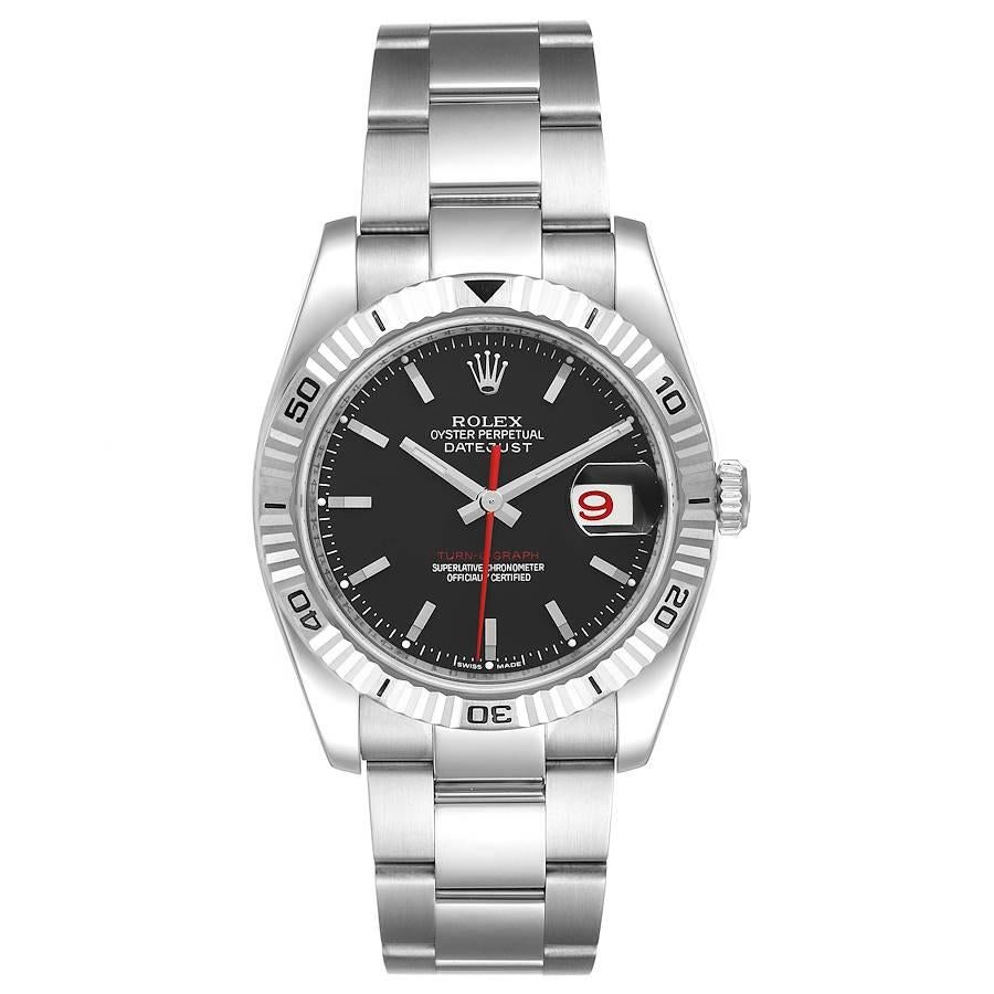 Rolex Datejust 36 Turnograph Black Dial Steel Mens Watch 116264. Officially certified chronometer self-winding movement. Stainless steel case 36.0 mm in diameter. Rolex logo on a crown. 18k white gold fluted bidirectional rotating turnograph bezel.