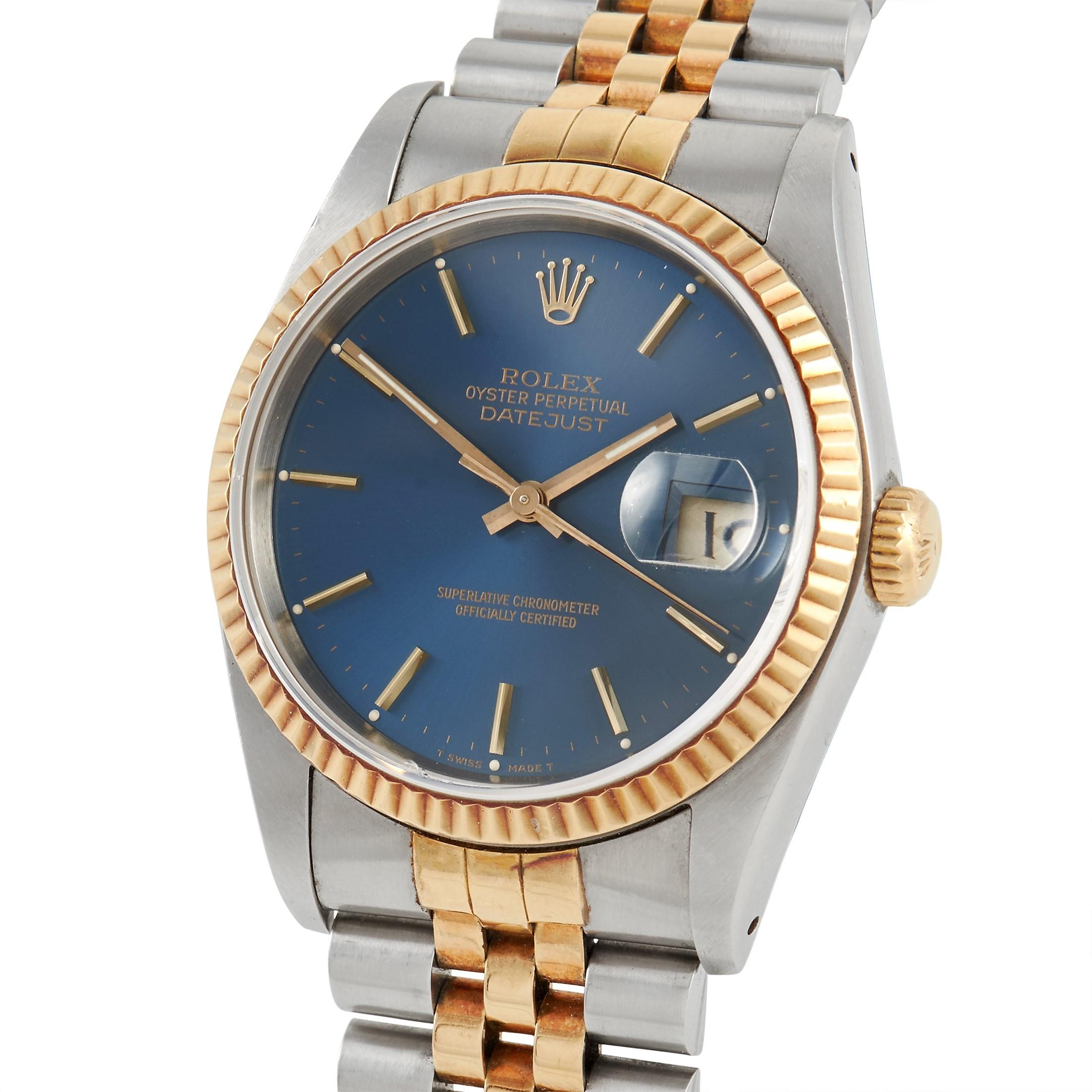 A Rolex icon, the Datejust 36 Blue Dial 16233 BLSJ is one of the most recognizable Rolexes in the world. Here is your chance to own one. This Rolex Datejust 36 Blue Dial Automatic Watch 16233 BLSJ features a 36 mm stainless steel case that wears