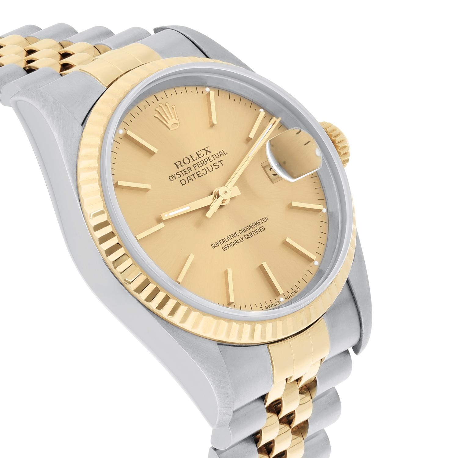 Women's or Men's Rolex Datejust 36 Two Tone Champagne Dial Jubilee Band 16233 Circa 1993 For Sale