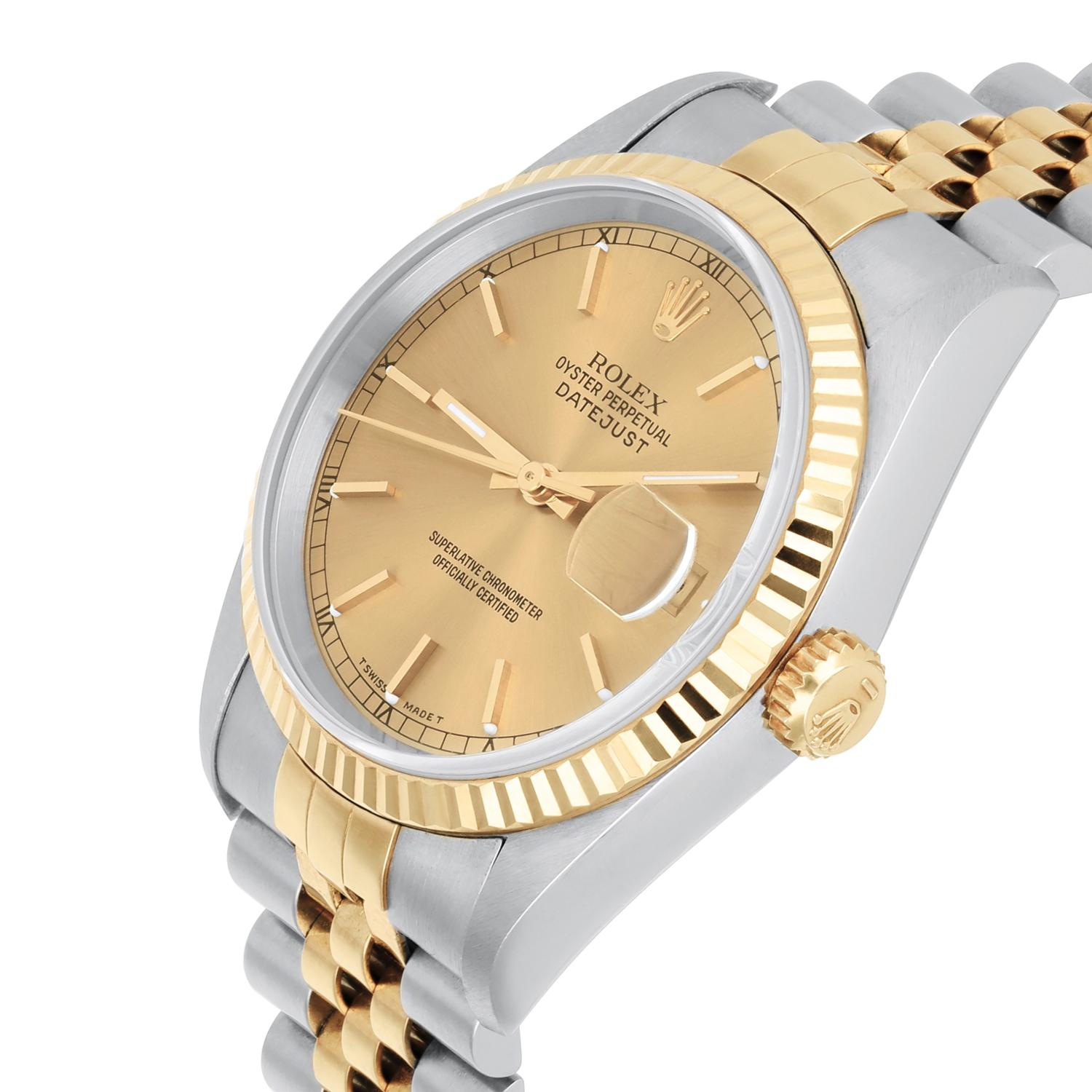Rolex Datejust 36 Two Tone Champagne Dial Jubilee Band 16233 Circa 1995 In Excellent Condition For Sale In New York, NY