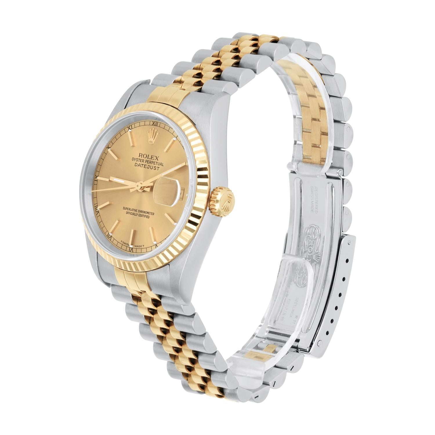 Women's or Men's Rolex Datejust 36 Two Tone Champagne Dial Jubilee Band 16233 Circa 1995 For Sale